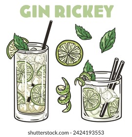 Gin rickey cocktail vector set with mint and lime for cocktail bar or drink summer party. Mojito cocktail with rum, bourbon for beach bar and cafe menu.