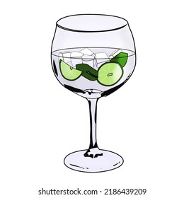 Gin and tonic alcoholic cocktail drink with citrus lime mint and ice on the rocks in a ball cup glass refreshing cool alcohol vector digital art 3D illustration drawing sketch. 