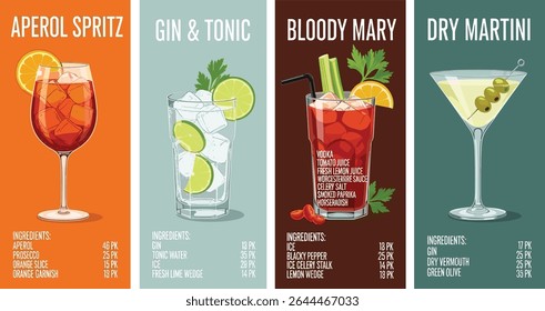 Gin Tonic, Aperol Spritz, Bloody Mary, Dry Martini cocktails with garnish. Watercolor poster illustration with recipe