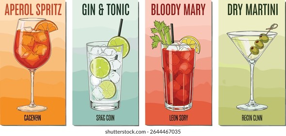 Gin Tonic, Aperol Spritz, Bloody Mary, Coquetéis Dry Martini com guarnição. Ilustração de cartaz de aquarela com receita