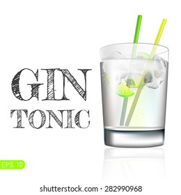 Gin And Tonic In A Balloon Glass Garnished With Lemon And Isolated Over Awhite Background. Vector Collection Bar Menu