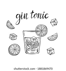 Gin tonic classic cocktail hand drawn vector illustration. Glass with ice and a slice of lime, for cocktail cards. Homemade gin tonic lettering, isolated vector illustration.