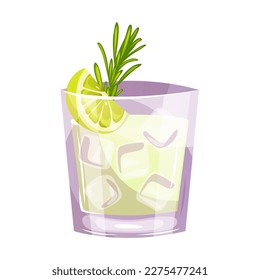 Gin tonic classic cocktail with lime, ice, rosemary. Italian aperitif cocktails. Alcoholic beverage for drinks bar menu. Beach Holidays, summer vacation, party, cafe bar, recreation. Vector