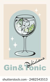 Gin and tonic classic Cocktail retro poster. Popular drink. Delicious. Vintage flat vector illustration for bar, restaurant, kitchen, wall art print. Vector illustration