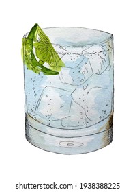 Gin And Tonic Cocktail For The Bar Menu. Vector Drink, Watercolor, Hand Drawing, Sketch. Lime, Ice, Bubbles. Isolated On White Background.