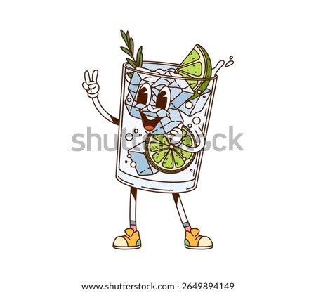 Gin tonic cocktail drink groovy retro character. Alcohol cocktail groovy 60s vector cheerful character, party drink cute personage. Tropical cocktail beverage funny mascot with lemon and ice cubes