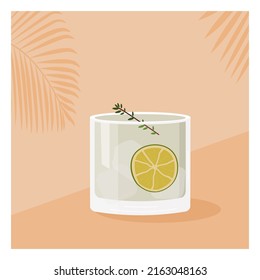 Gin Tonic Cocktail garnished with slice of lime and green herb sprig. Summer aperitif square poster. Minimalist print with alcoholic beverage on background with palm shadow. Vector flat illustration.