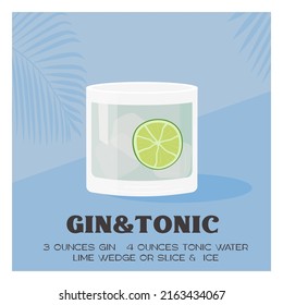 Gin Tonic Cocktail garnished with slice of lime. Summer aperitif square poster. Minimalist print with classic alcoholic beverage on background with tropical palm shadow. Vector flat illustration.