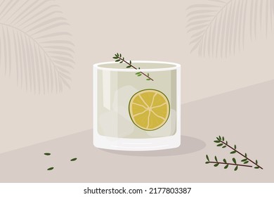 Gin Tonic Cocktail garnished with slice of lime and green herb twigs. Summer aperitif horizontal poster. Minimalist card with alcoholic beverage and rosemary sprig. Vector flat style illustration.