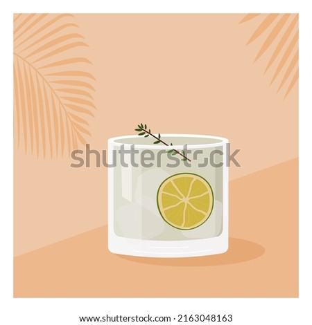 Gin Tonic Cocktail garnished with slice of lime and green herb sprig. Summer aperitif square poster. Minimalist print with alcoholic beverage on background with palm shadow. Vector flat illustration.