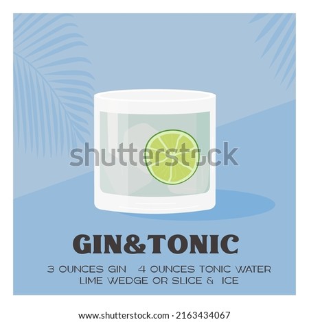 Gin Tonic Cocktail garnished with slice of lime. Summer aperitif square poster. Minimalist print with classic alcoholic beverage on background with tropical palm shadow. Vector flat illustration.