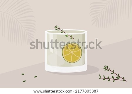 Gin Tonic Cocktail garnished with slice of lime and green herb twigs. Summer aperitif horizontal poster. Minimalist card with alcoholic beverage and rosemary sprig. Vector flat style illustration.