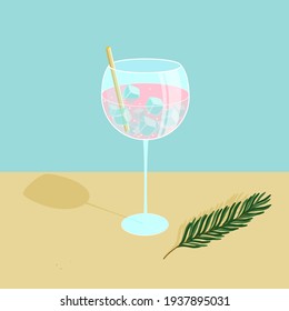 Gin and tonic. Cocktail in a glass with ice cubes and a straw. Rosemary is laying on the table.  Vector illustration. 