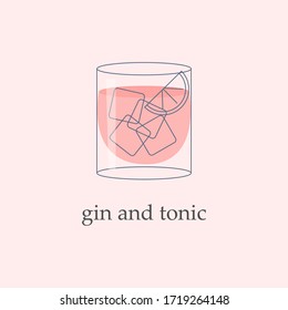 Gin and tonic cocktail glass with lime and ice vector illustration. Design element, poster with alcohol