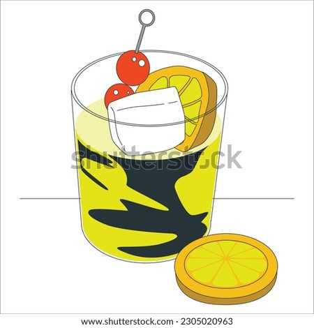 Gin Tonic Cocktail with ice. Summer aperitif garnished with slice of lime and green herb sprig retro poster. Minimalist print with alcoholic beverage isolated on background. Vector flat illustration.