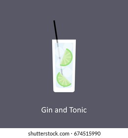 Gin and Tonic cocktail icon on dark background in flat style