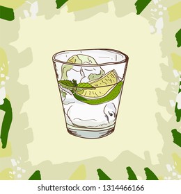 Gin and Tonic cocktail illustration. Alcoholic classic bar drink hand drawn vector. Pop art