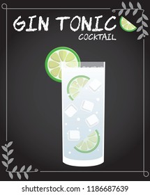 Gin tonic Cocktail Illustration in vector with lime wedge.