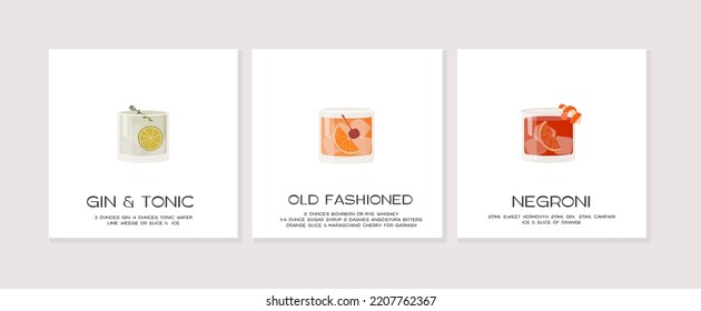 Gin Tonic Cocktail with lime. Old Fashioned on rocks. Negroni with orange twist in glass with ice. Summer aperitif recipe card. Minimalist print with alcoholic beverage on white. Vector illustration.