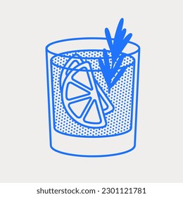 Gin and tonic cocktail with lime slices and rosemary. Line art, retro. Vector illustration for bars, cafes, and restaurants.