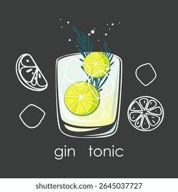 Gin and tonic cocktail with lime slices. Summer drink on dark background. Vector illustration