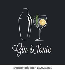 Gin tonic cocktail logo. Shaker with glass of gin and tonic on black background