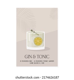 Gin Tonic Cocktail on the rocks garnished with slice of lime and herb twig. Summer aperitif retro vertical poster. Minimalist print with alcoholic beverage on background with palm shadow. Vector.