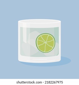 Gin Tonic Cocktail on the rocks garnished with slice of lime. Classic summer aperitif with lemon wheel. Alcoholic beverage in glass with ice isolated on background. Vector flat style illustration.