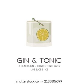 Gin Tonic Cocktail on the rocks garnished with slice of lime and green herb. Summer aperitif retro poster. Minimalist print with alcoholic beverage on white background. Vector flat style