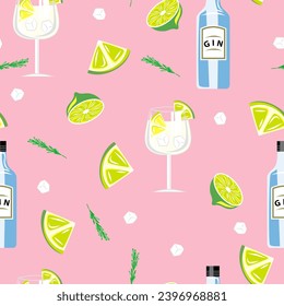 Gin Tonic Cocktail seamless pattern. Glass with bottle, lime, ice cubes and rosemary leaves