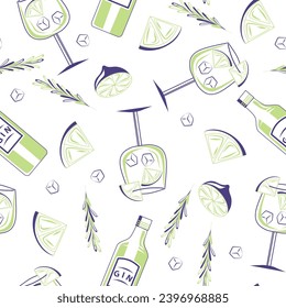 Gin Tonic Cocktail seamless pattern. Glass with bottle, lime, ice cubes and rosemary leaves