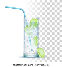 Gin And Tonic Cocktail Served In The Slightly Highball Glass With Blue Straw, Lime And Ice Cubes. Front View. 3d Photo Realistic Vector Illustration Isolated On Transparent Background