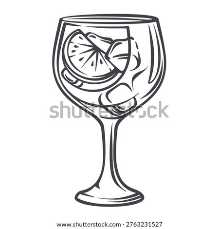 Gin tonic cocktail in stem glass with ice cubes, lime slice and clear summer drink in monochrome outline. Bar menu, drink card and cocktail design with gin tonic, vector illustration