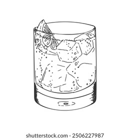 Gin and tonic cocktail. Vector drawing drink, hand drawing sketch. Logo icon. Isolated on white background. Vector illustration