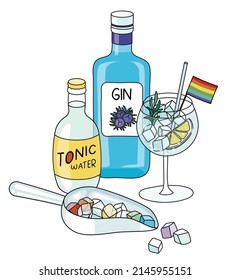 Gin and tonic cocktails, bottles, ice scoop and snacks composition in rainbow LGBT colors. For gay bar diversity pride party invitation, card or sticker. Doodle cartoon style illustration