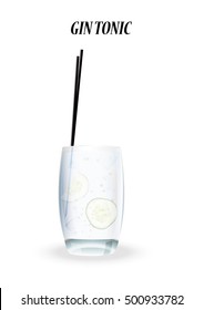 gin and tonic with cucumber on a white background vector. Sparkling water with bubbles.