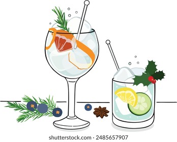 Gin and tonic drink cocktail glass, isolated hand drawn vector illustration