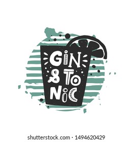 Gin and tonic grunge style banner template. Cocktail glass with lemon slice silhouette on striped round frame with stylized lettering, ink drops. Nightclub, bar menu, poster design element