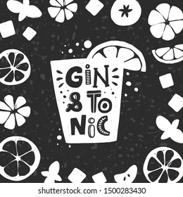 Gin and tonic grunge style card. Cocktail glass with lemon slice silhouette on chalkboard with stylized lettering, ink drops. Nightclub, restaurant, bar menu. Poster, banner, print design