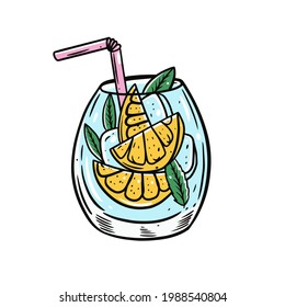 Gin Tonic hand drawn outline cocktail. Colorful cartoon style. Vector illustration. Cocktail with lemon and mint. Isolated on white background.