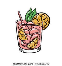 Gin and tonic pink cocktail. Hand drawn line art style. Cartoon vector illustration isolated on white background.