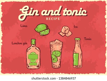 Gin and Tonic recipe retro poster. Vector illustration.