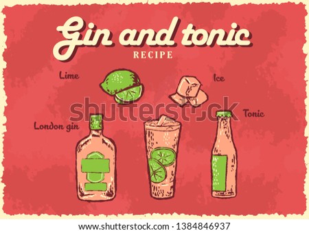 Gin and Tonic recipe retro poster. Vector illustration.