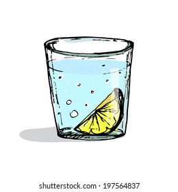 Gin and tonic with slice of lemon in the jar. Vector illustration, hand-drawn style.
