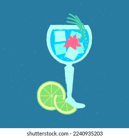 Gin tonic with tarragon and anise. Chilled alcoholic drink in glass with ice cubes. Vector flat illustration. Retro minimalist poster