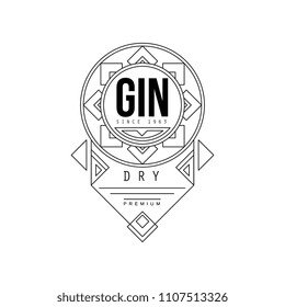 Gin vintage label design, alcohol industry monochrome badge vector Illustration on a white background