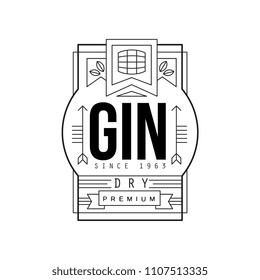 Gin vintage label design, dry strong drink, alcohol industry monochrome badge vector Illustration on a white background