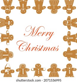 Ginderbread card frame template . Christmas New Year gingerbread man. Flat cartoon hand drawn characters. Stock vector illustration isolated on white background.