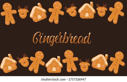 Ginderbread man, house, deer and hand written sign. 