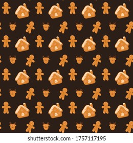 Ginderbread man, house, deer - seamless pattern with Christmas cookie. 